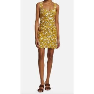 Farm Rio Linen mini dress spotted banana button front cross back yellow XS
